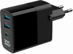 Omrežni GaN polnilec 30 W z LCD, 2× USB‑A in 1× USB‑C, hitro polnjenje PD/QC 3.0, črna