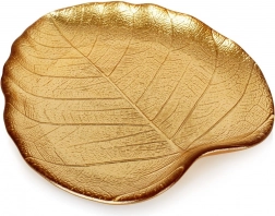 Stekleni servirni krožnik v obliki lista, zlati, 18 × 16 cm