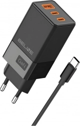 Omrežni polnilec 65W GaN 2x USB‑C + USB‑A s kablom USB‑C – črna