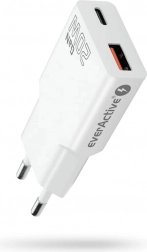 Omrežni polnilec everActive GaN Super Slim 20 W z USB‑C PD in USB‑A QC 3.0