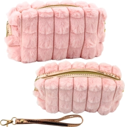 Rožnata plišasta kozmetična torbica z ročajem