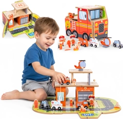 Wooden Fire Station 2-in-1 – foldable garage and vehicle with 2 floors and accessories ECOTOYS