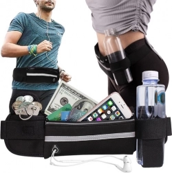 Tekalna pasna torbica z držalom za steklenico, odsevnim trakom in odprtino za slušalke – črna