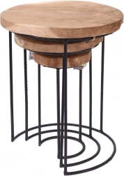 Okrogle kovinske klubske mizice iz tikovine – komplet 3 kosov