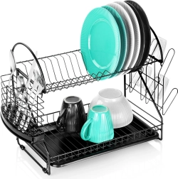 Dvonivojski kovinski odcejalnik za posodo, črn 53 × 24 × 38,5 cm