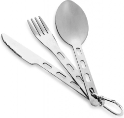 Turistični nerjavni jedilni pribor s karabinom, 3-delni