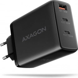 AXAGON omrežni polnilec GaN 100 W, 3 vrata (USB‑A + dvojni USB‑C), črna