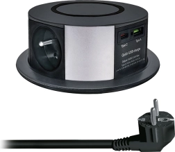 Solight izvlečni blok vtičnic s 3 vtičnicami, USB-A/USB-C PD 20 W in brezžičnim polnjenjem Qi 10 W, 2 m, črn