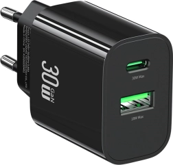 Omrežni polnilec 30 W z USB‑C in USB‑A, hitro polnjenje, črn USAMS