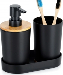 črni kopalniški set 3 kosi z dozirnikom in bambusovimi elementi