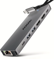 AXAGON HMC-7HX2 večvratni USB‑C hub 7‑v‑1 z 2× HDMI 4K/60 Hz, 2× USB‑A, USB‑C, GLAN in PD 100 W