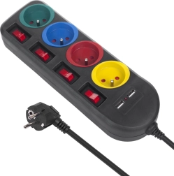 Razdelilec vtičnice s stikali 4 vtičnice + 2xUSB črna