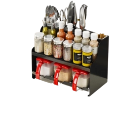 Večnamenski dvonadstropni organizator za začimbe s predelki za kuhinjske pripomočke – črn