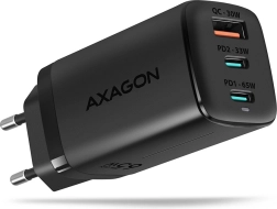 Omrežni polnilec AXAGON GaN 65W, 3 priključki (USB-A + 2× USB-C), PD 3.0/QC 4+, PPS, črna