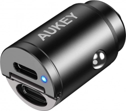AUKEY mini aluminijasti avtomobilski polnilnik 2× USB‑C s Power Delivery in Quick Charge 3.0, 30 W, PPS
