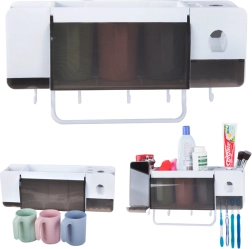 Stenski organizator za zobne ščetke z dozirnikom paste in 3 kozarčki, bel