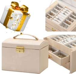Večnivojska škatla za nakit z ročajem – zlato okovje, bež