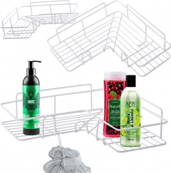 Kotna kopalniška polica za prho s kljukicami, samolepilna, bela