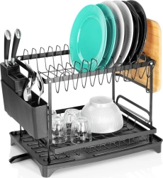 Kovinsko odcejalnik za posodo, črn, dvonadstropni 42 × 29 × 36,5 cm