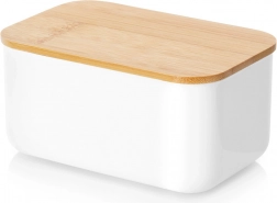 Jeklena posoda za maslo v beli barvi z bambusnim pokrovom