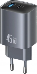 Omrežni polnilnik GaN 45 W z USB‑C in USB‑A, srebrn