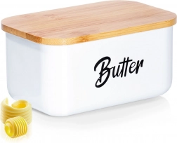 Bela jeklena posodica za maslo z bambusovim pokrovom Vilde