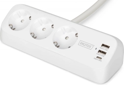 Namizni podaljšek prenapetostna letvica s sponko, 3 vtičnice schuko, 2× usb‑a 12 w, 1× usb‑c 30 w, kabel 1,5 m, bela