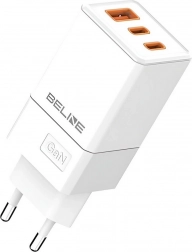 Omrežni polnilec 65 W GaN z 2× USB‑C in USB‑A, bel