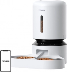 Samodejni podajalnik hrane Petlibro z dvojno skledico in Wi‑Fi, 5 l bel