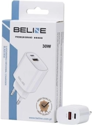 Omrežni polnilec 30 W GaN z USB‑C in USB‑A Beline – Bela