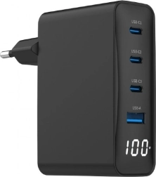Univerzalni GaN polnilec 100 W 1x USB-A 3x USB-C Hitro polnjenje LCD črna