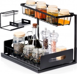 Dvonadstropna kuhinjska polica z izvlečnim predalom, kovinska, črna 36 × 27 × 28,5 cm