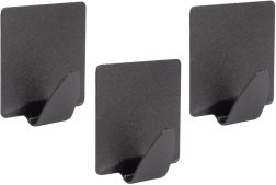 Self-adhesive rectangular steel hooks, black, set of 3