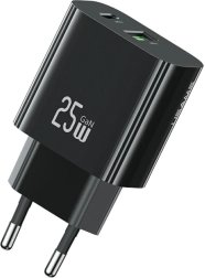 Omrežni polnilec 25 W z 1× USB‑C in 1× USB‑A, hitro polnjenje, črn