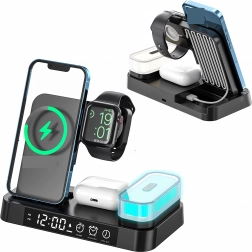 Brezžična polnilna postaja 4-v-1 z uro in nočno lučko 15 W za Qi, iPhone, Apple Watch in AirPods