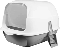 Pokrita mačja toaleta z dvižnim zgornjim delom in lopatko