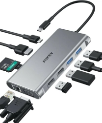 Aluminijasti USB‑C hub 10-v-1 z Ethernetom, HDMI 4K, VGA, čitalnikom kartic in PD 100 W AUKEY