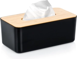 Črni dozer za papirnate robčke z bambusovim pokrovom 24 × 13 × 9,5 cm