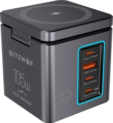 BlitzWolf GaN omrežni polnilec 105 W z USB-A, 3× USB-C in brezžičnim polnjenjem