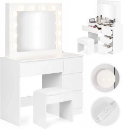 Toaletna mizica z LED ogledalom in 4 predali s stolčkom ModernHome