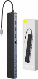 USB‑C razdelilnik 12v1 BASEUS EliteJoy Gen2 z 2× HDMI, DP, 3× USB 3.0, PD 100 W, RJ45 in čitalnikom SD/TF (temno siv)