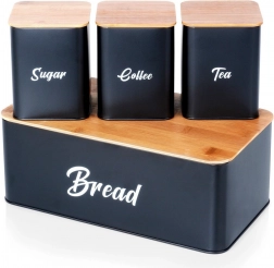 Črn kovinski zaboj za kruh z bambusovim pokrovom in komplet posod za sladkor, kavo in čaj, 4 kosi