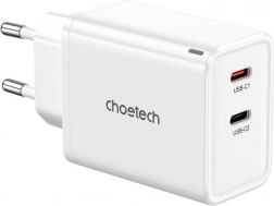 Choetech GaN omrežni polnilec 65 W, 2× USB‑C (bel)