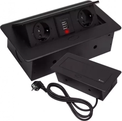 Vgradni napajalni kanal v ploščo z 2 vtičnicama in 2 USB, črna