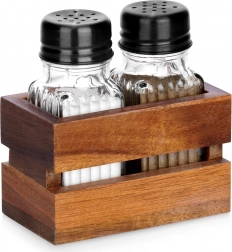 Solnica in popernica s stojalom, 3-delni set, steklo in les