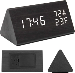 Elektronska lesena budilka s termometrom in higrometrom