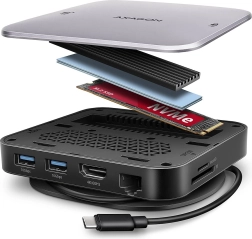 AXAGON večvratni USB‑C hub 9v1 z M.2 NVMe/SATA, HDMI 4K/60 Hz, PD 100 W, GLAN in čitalnikom kartic