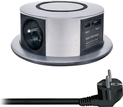 Solight izvlečni blok vtičnic za vgradnjo v delovno ploščo 3× 230 V + USB-A/USB-C PD 20 W z brezžičnim polnjenjem Qi 10 W, 2 m, srebrn