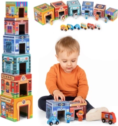 Stacking tower city – pyramid, sorting set with figures and vehicles, 18 pieces