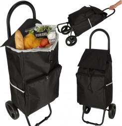 črn nakupovalni voziček na kolesih s okvirjem